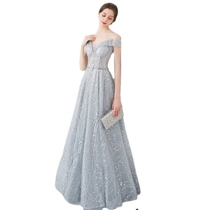 Elegant Off-Shoulder Evening Gown For Women Silver Gray A-Line Embroidered Organza Long Dress Empire Waistline Formal Wear - Product Image 5