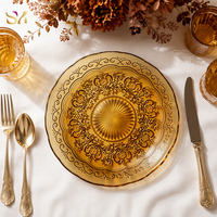 Assiette de présentation florale ambre, sous-assiette en verre vintage de 13 pouces pour la décoration de table de mariage, banquet et fête (vente en gros)