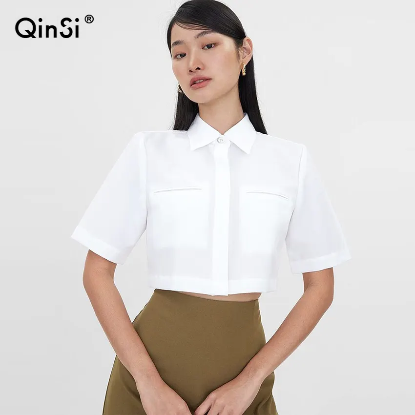 QINSI Fashion Button up Shirts Blouse Blouse Women White Crop Tops Blouses Clothes Vintage Tie Front Tops Summer Pockets Woven