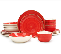 Service de table en grès émaillé rouge 16 pièces - Design classique, compatible lave-vaisselle et micro-ondes, réutilisable pour la restauration et les cadeaux d'affaires