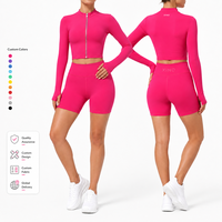 Ensemble de yoga et de sport 2 pièces personnalisé pour femme : veste courte zippée à manches longues avec trous pour les pouces et short cycliste taille haute