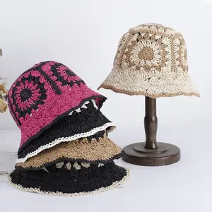 Tricoté à la main Boho Crochet seau chapeau évider fleur couleur pêcheur chapeau plié Crochet seau chapeaux pour les femmes