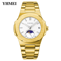 Jam Tangan Pria YHMEI Logo Kustom Baru, Quartz, Dial Fase Bulan, Tahan Air, Tali Baja Anti Karat, Jam Tangan Bisnis dengan Kotak Hadiah
