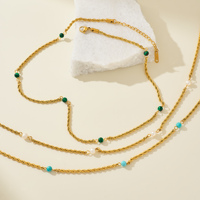 MYNECK 18k PVD verguld roestvrijstalen modieuze sieraden malachiet parel gedraaide ketting anti-aanslag ketting enkelband set