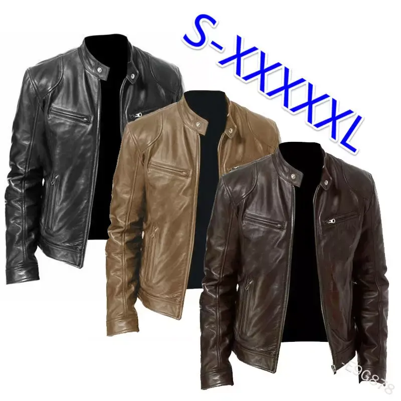 Winter Mens Business PU Leather Jacket Stand Collar Leather Jacket Zipper Cardigan Pocket Slim Fit Leather Coat