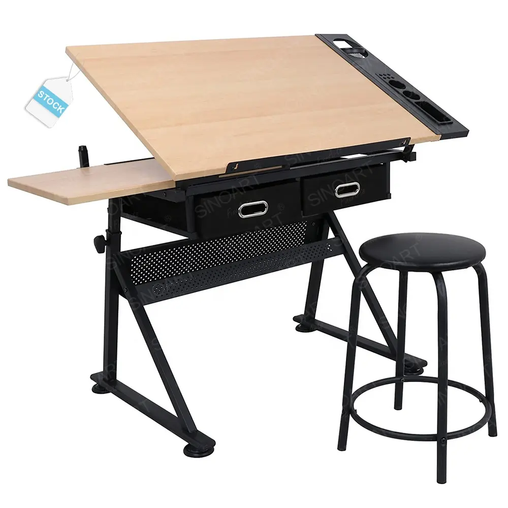 SINOART โต๊ะวาดรูปไม้พร้อมสตูล,โต๊ะวาดรูปแบบปรับได้สำหรับโต๊ะโรงเรียน