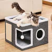 Maison-cave pour chat d'hiver, lits et meubles pour chat recouverts, avec tapis à gratter et tente de cachette