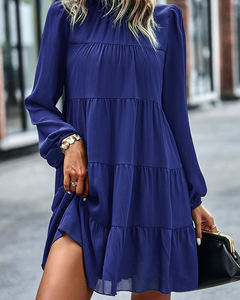 Nouvelle vente bébé poupée robe en mousseline de soie pour les femmes élégant bureau dames col montant à plusieurs niveaux Flwowy balançoire trajet décontracté changement Mini robe - Product Image 1