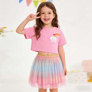 Conjunto <span class=keywords><strong>de</strong></span> <span class=keywords><strong>Ropa</strong></span> <span class=keywords><strong>Infantil</strong></span> 100% <span class=keywords><strong>Algodón</strong></span> al por Mayor, Camiseta <span class=keywords><strong>de</strong></span> Manga Corta con Aplique <span class=keywords><strong>de</strong></span> Nube <span class=keywords><strong>de</strong></span> Dibujos Animados y Falda, Antiarrugas, Casual, Tallas 2-7 Años - Product Image 1
