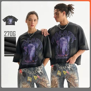 T-shirt da uomo in misto cotone lavato stile retrò High Street, 270g, vestibilità ampia, manica corta, girocollo, traspirante, resistente all'usura, con stampa cartoon - Product Image 3