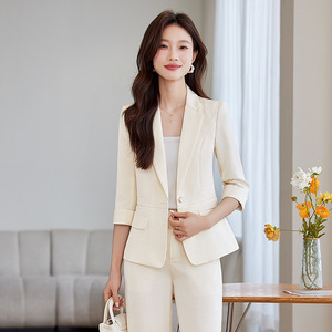 Women's Suit Set Cream Three Quarter Sleeve Lightweight Breathable Summer Elegant Style - Product Image 1