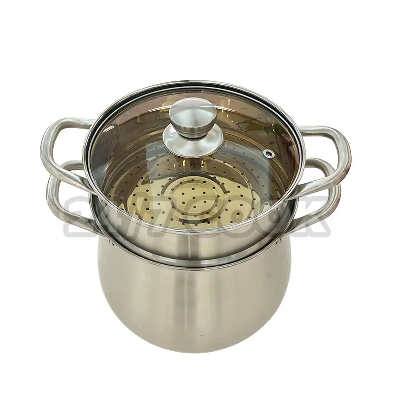 Wholesale Stainless Steel Drum Shape Steamer Pot 2 Layer Soup Pot with Glass Lid