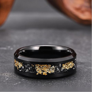 8mm & 6mm Black Tungsten Carbide Wedding Promise Anel Incrustado com Gold Foil Meteorito Fragmentos para Casais Noivado Festa - Product Image 3