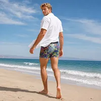 Ensemble 2 pièces de caleçons de bain pour hommes, motif graffiti coloré et rayé, taille élastique noire, séchage rapide, extensible dans les 4 sens, en gros et en stock