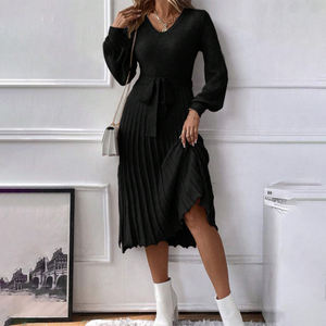 Nuovo abito Casual a vita alta a maniche lunghe con ampia fornitura di ODM per abiti da donna in <span class=keywords><strong>lana</strong></span> autunnale - Product Image 5