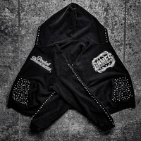 Sweat à capuche oversize en molleton délavé pour homme, style streetwear, avec broderie, fermeture éclair, strass et impression DTG par sublimation