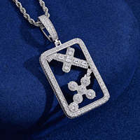 Liontin Dog Tag Berongga 2 Salib Moissanite VVS Buatan Tangan, Teruji dengan Diamond Tester, Lapis Emas 18K, Perhiasan Religius Vintage