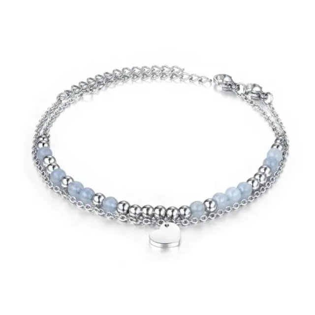 Yiwu Aceon Stainless Steel Two Layers Mini Link Chain Metal Bead Colorful Crystal Bead Blank Heart Charm Bracelet