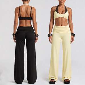 Striped Halter Double Layered Breathable <b>Bra</b> Top With Fold-over Waistband High Waist Wide Leg Yoga Pants Leggings Set - Product Image 2