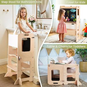 Tour <span class=keywords><strong>d</strong></span>'apprentissage pliable en bois pour enfants, marchepied de cuisine, ensemble convertible 4 en 1, bureau et chaise - Product Image 3