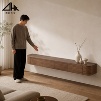 Meuble TV mural flottant moderne en bois massif finition noyer avec 4 tiroirs de rangement pour salon