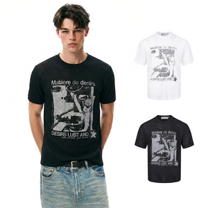 EME Yisheng T-shirt tricoté respirant à manches courtes, style rétro américain, texture ajourée, motif lettres rock punk, coupe ajustée, 300 grammes, collection été - Product Image 1