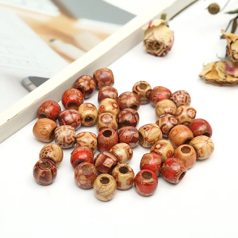 Nouveau sac rétro en vrac fleur ronde perlée diverses perles imprimées en bois accessoires décoratifs créatifs diy bracelet perlé en bois