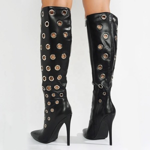 Summer Women Knee High Boots Metal Holes Stiletto Dress <b>Shoes</b> Slim Heels Eyelet-embellished Long Booties - Product Image 6