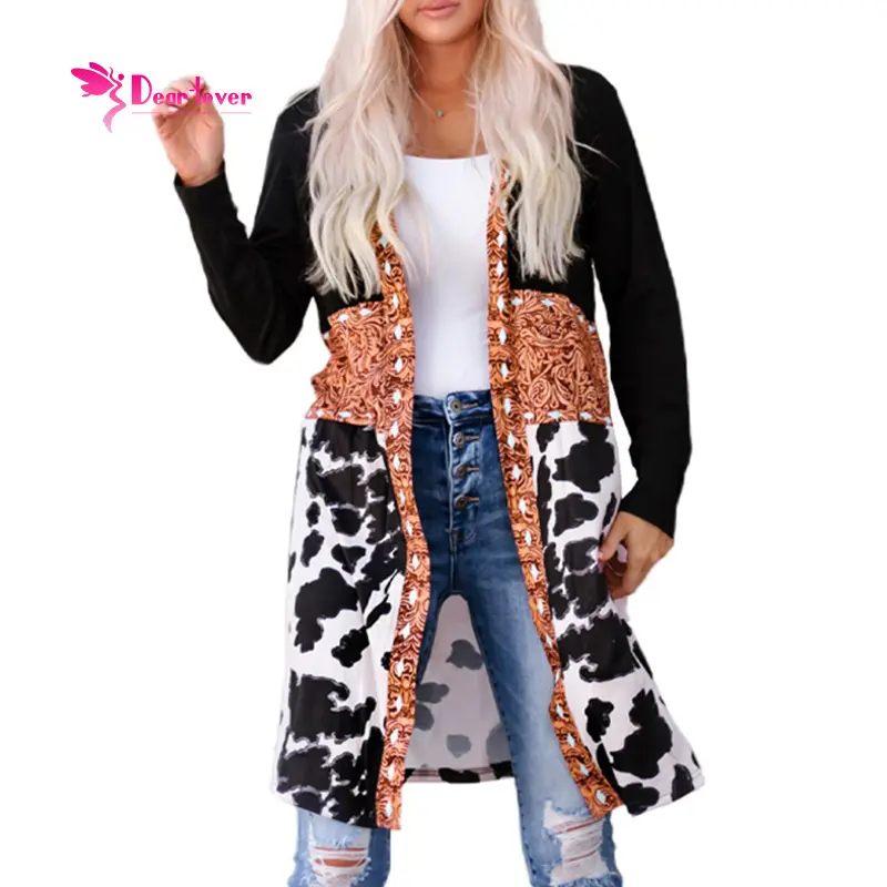 Casual Black Western Pattern Cow Patchwork Open Front Knitted Women Cardigan Long Sleeve Maxi