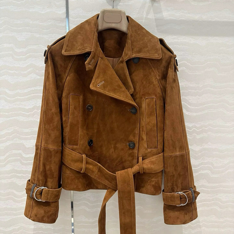 5155 Fashionable Retro LeatherVintage Lapel Genuine Sheepskin Suede Jacket Woman for Ladies