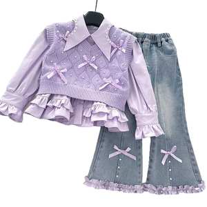 Set Sweater Kasual Bernapas dengan Hiasan Bunga 3D untuk Anak Perempuan Musim Gugur 2025 Gaya Korea Kemeja Rajut Celana <span class=keywords><strong>Jeans</strong></span> Model Melebar - Product Image 5