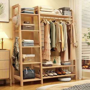Wooden <b>Clothes</b> <b>Rack</b> Multifunctional Storage Shelf For Bedroom Standing Type Coat Organizer With Shelves And Hangers - Product Image 3
