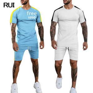Traje deportivo de dos piezas de verano con logotipo personalizado de fábrica para hombre, camiseta, pantalones de chándal cortos, conjunto informal de calle a juego de colores para hombre - Product Image 1