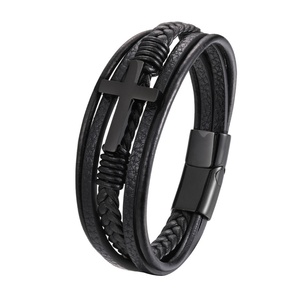 <b>Men</b> Braided Cross Jewelry Stainless Steel Black Leather Bracelet Man's Hot-sale Leather <b>Bangle</b> - Product Image 2