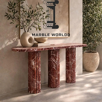 Table console en marbre veiné bordeaux Dream Home avec plateau capsule et piétement cylindrique triple nervuré, table d'appoint pour salon