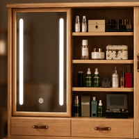 Meja Rias Tinggi Kayu Oak Alami dengan Cermin LED Geser, Kabinet Kaca Beralur, Rak Buku, dan Set Kursi untuk Kamar Tidur