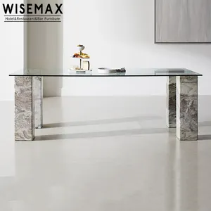 WISEMAX FURNITURE Modern Dinning Room Furniture Tempered Glass With Natural Marble Dining Tables Set and Chairs For 6