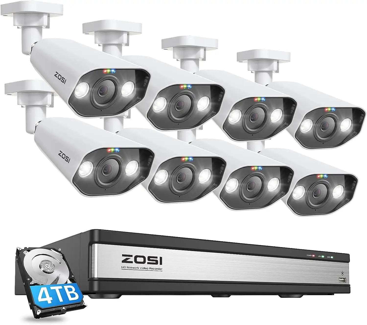 ZOSI 16CH 4K 스포트라이트 PoE 보안 카메라 시스템 H.265 + 16CH 8MP NVR (4TB HDD 포함) 4K 실외 PoE IP 카메라 시스템