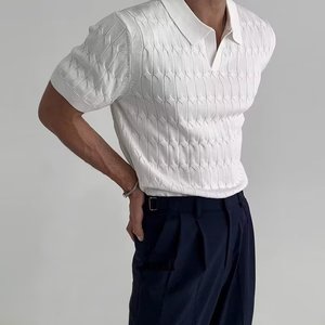 Polo en tricot pour homme, blanc, manches courtes, coupe ajustée, col rabattu, motif rayé, lavable en machine, tenue décontractée pour le travail - Product Image 1