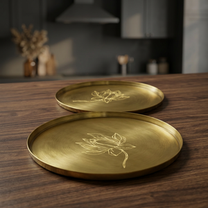 Assiette décorative ovale en métal avec motif de lotus gravé, style chinois traditionnel fait main, motif végétal - Product Image 3