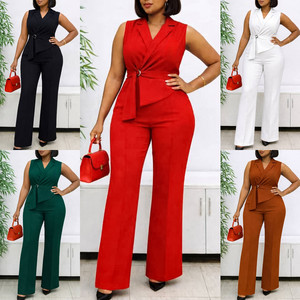 C8653 Ultimo Design <span class=keywords><strong>Tuta</strong></span> Estiva da Donna <span class=keywords><strong>Elegante</strong></span> Monocolore Senza Maniche con Colletto e Lacci, Jumpsuit a Gamba Larga per Donne - Product Image 2