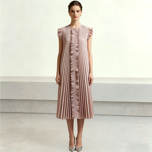 Vestido Midi Plisado Miyake de Color Sólido al por Mayor de Fábrica, Sin Mangas con Volantes, Elegante para Oficina Europea, Vestidos Formales y Casuales para Mujer - Product Image 1