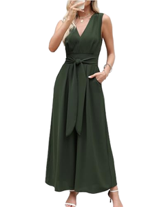 Combinaison longue sans manches en crêpe pour femme, col en V, avec ceinture, couleur unie, coupe ample, décontractée, pour le printemps et l'été - Product Image 1