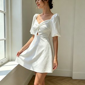 Vestido Mini Blanco con Abertura Frontal, Manga Abullonada, Estilo Dulce, Verano 2026, ODM/OEM, para Mujer, Informal, para <span class=keywords><strong>Fiesta</strong></span> - Product Image 3