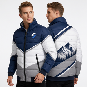 Storm Fit Men's Puffer <b>Jacket</b> Winter Windproof Stand Collar Zipper Closure Color Mountain Print Sporty Style - Product Image 1
