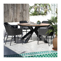 Ensemble de chaises de salle à manger en aluminium et corde pour l'extérieur, style moderne, et table ronde en teck pour patio et jardin – Vente en gros