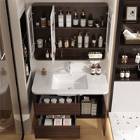 Meuble-lavabo mural et armoire miroir pour salle de bain, finition grain aluminium nid d'abeille, deux tiroirs de rangement, vasque en céramique, lampe tactile