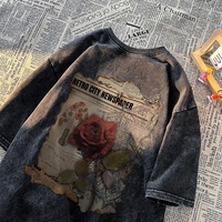 T-shirt décontracté rétro pour homme en coton à manches courtes, imprimé floral, style américain, marque de mode urbaine, effet vieilli, pour l'été