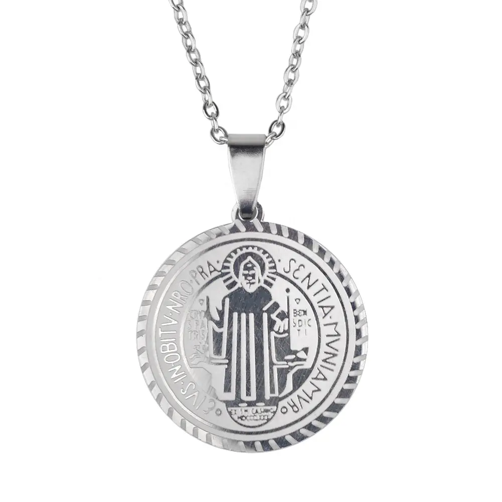 Stainless Steel Medal Catholic Jewelry Charm Metal 28mm St Benedict Pendant Necklace