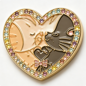 Épingle en métal plaqué or en forme de cœur avec chats en émail et strass, thème amour pour la Saint-Valentin - Product Image 5